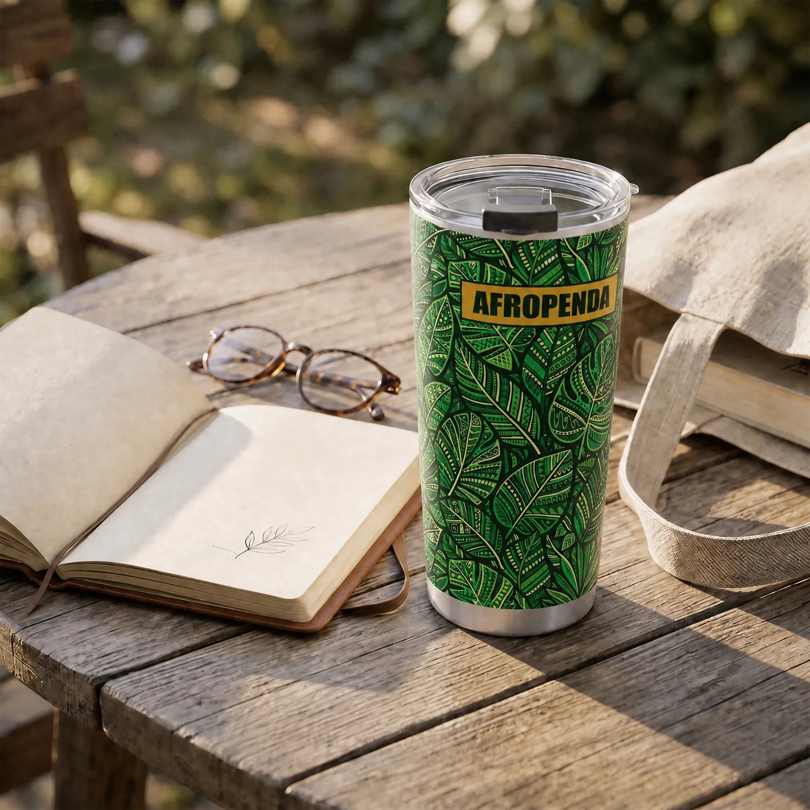 "Asili" Emerald Tumbler — on a garden table beside an open book