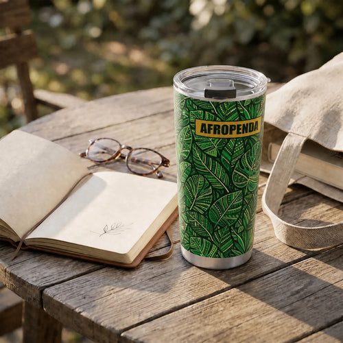 "Asili" Emerald Tumbler — on a garden table beside an open book