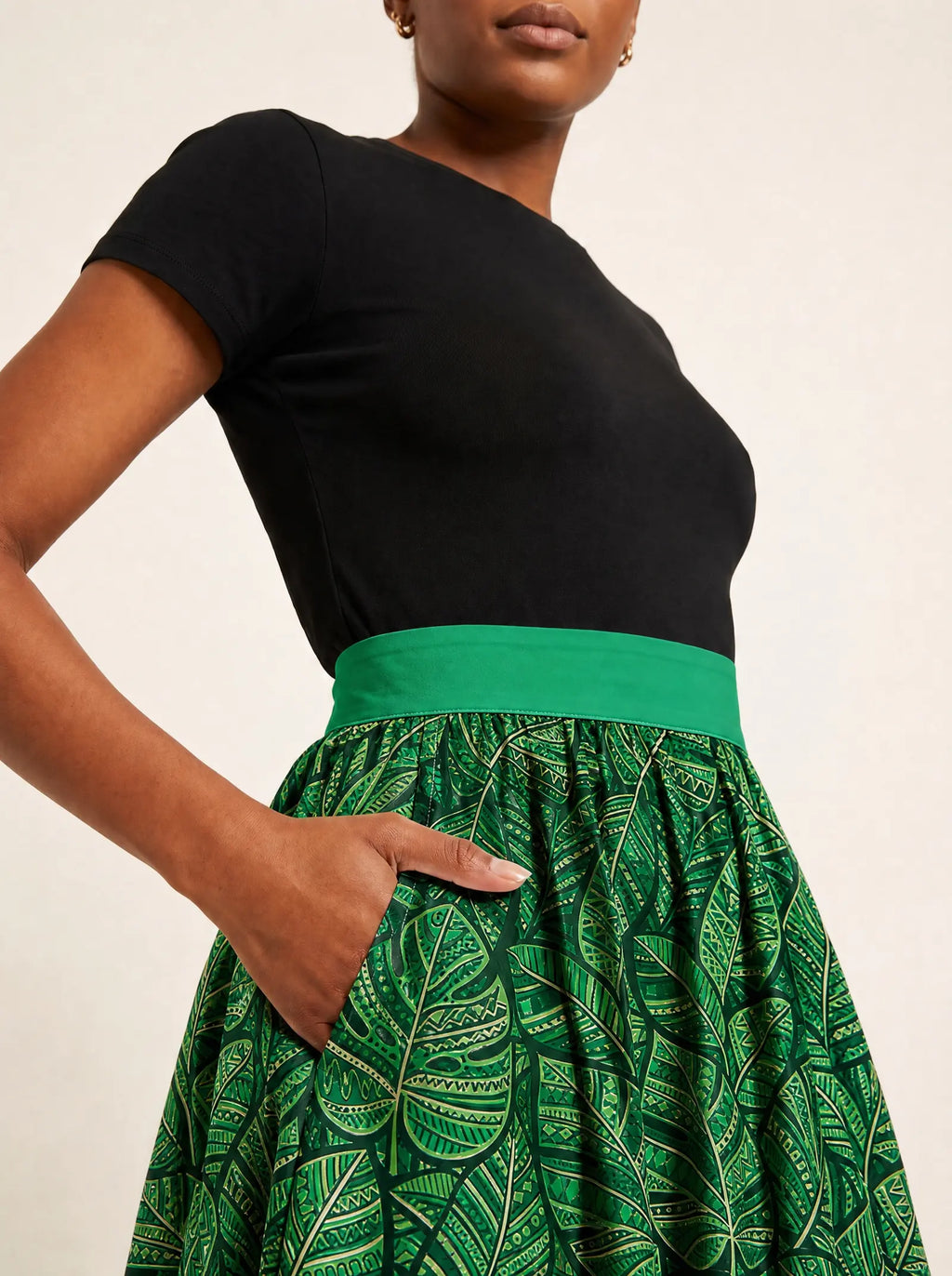 "Asili Emerald" Twirl Skirt — close-up of the waistband and side pocket