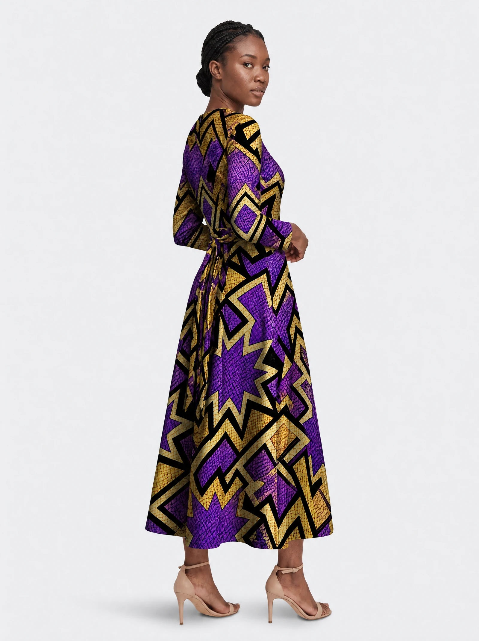 "Sheba" Viscose Midi Dress — three-quarter view on model, hand in the side pocket