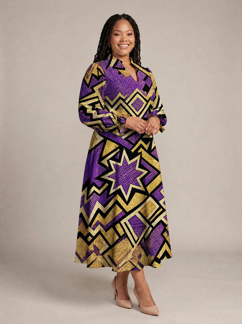 "Sheba" Long Puff Sleeve Dress — walking, three-quarter view on model