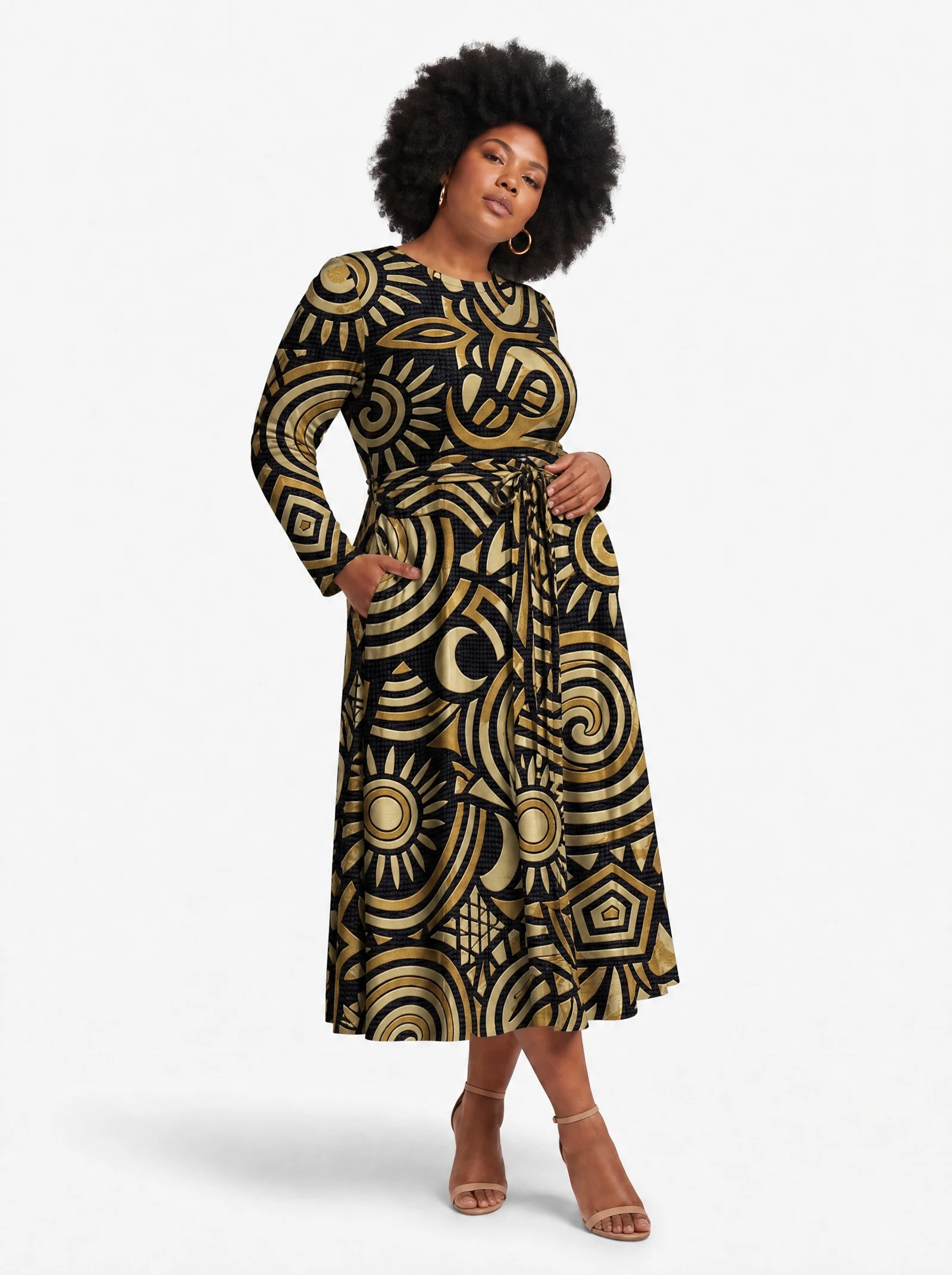 "Sahara" Viscose Midi Dress — three-quarter view on model, hand in the side pocket
