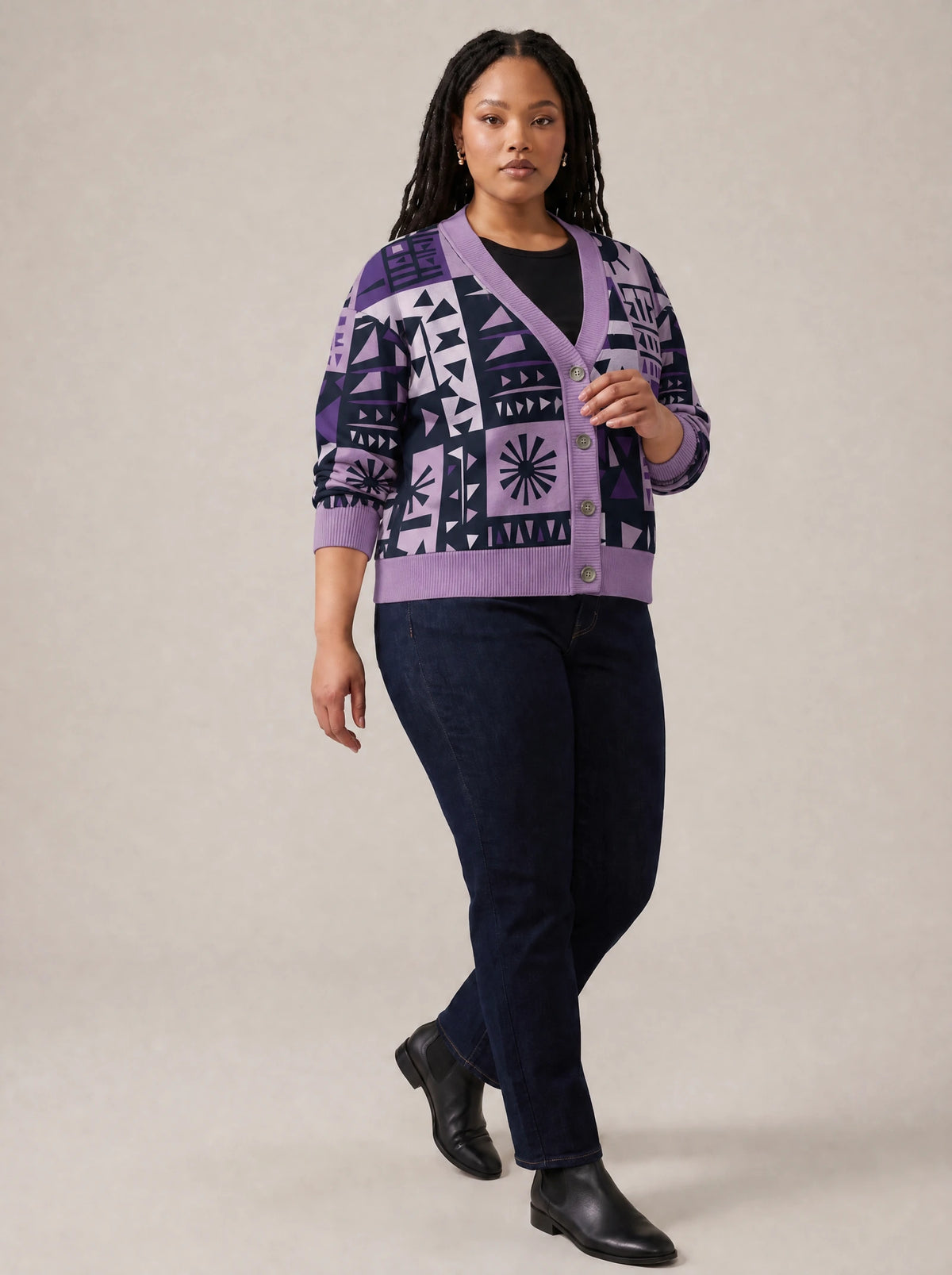 "Lavenda" Cardigan — three-quarter view on model