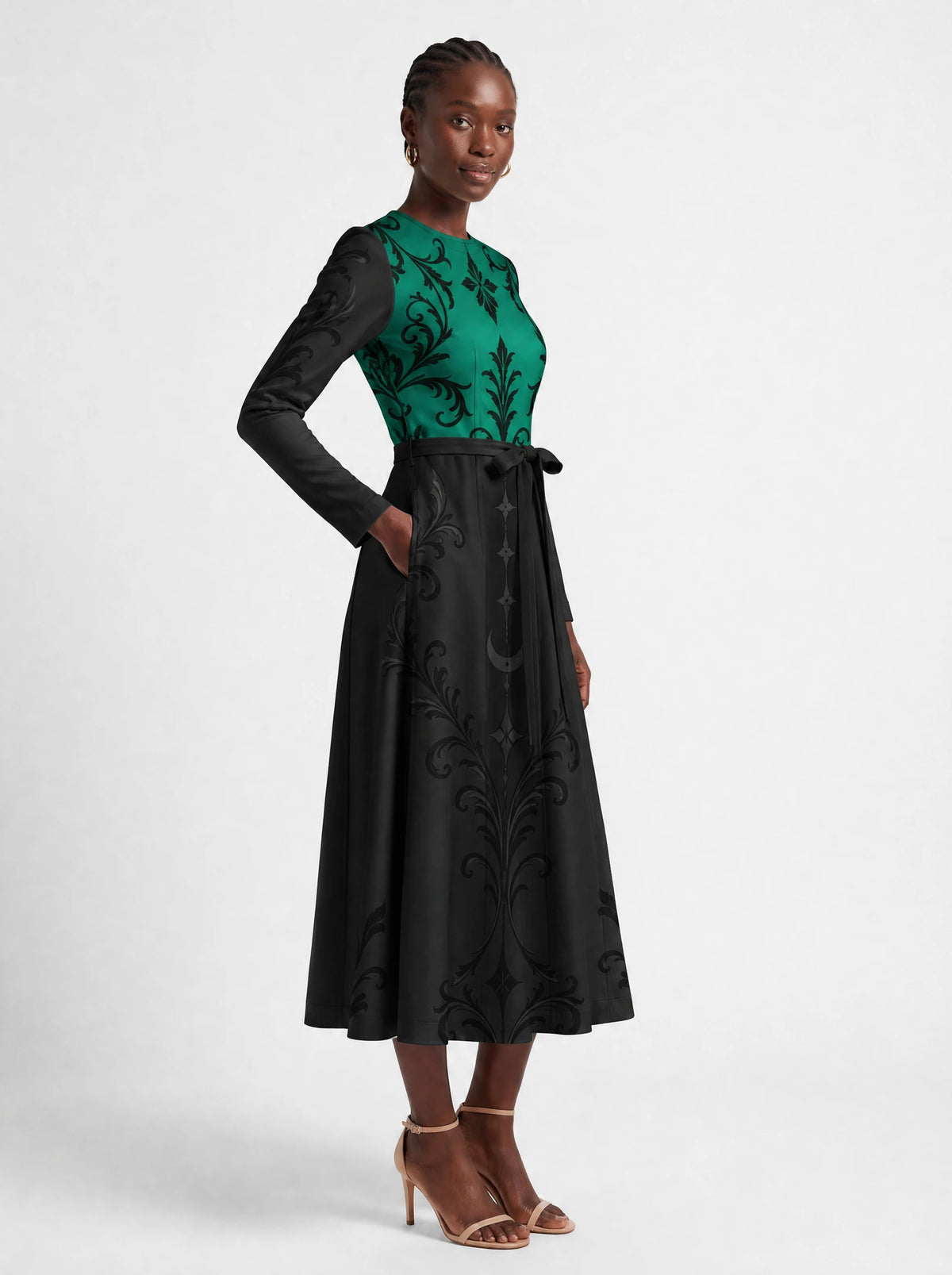 "Green Witch" Long Sleeve Midaxi Dress — walking, three-quarter view on model