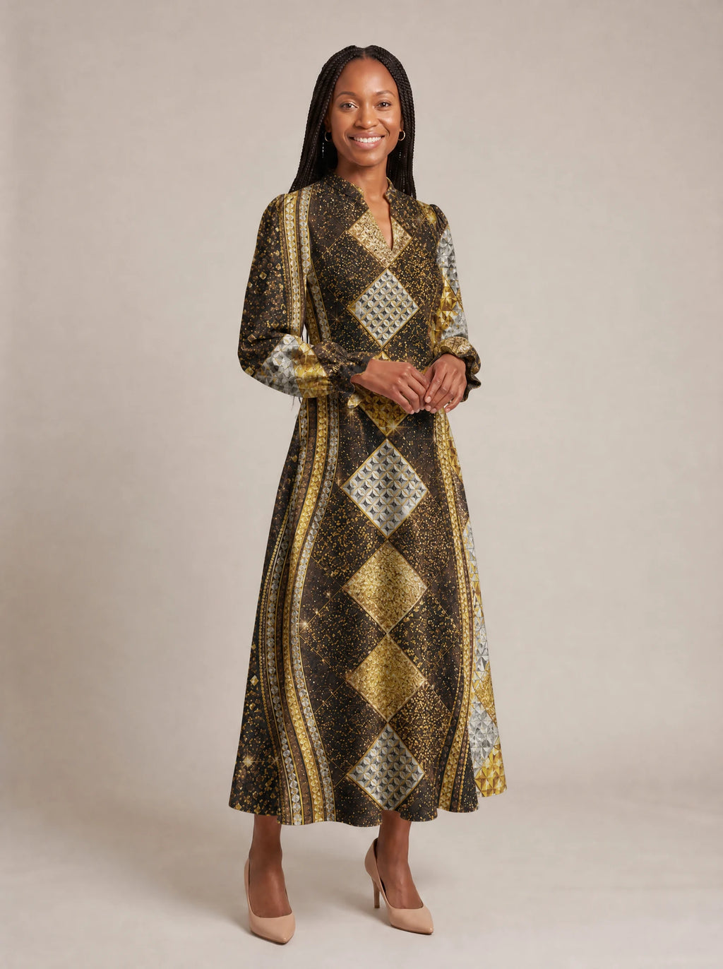 "Fataki" Long Puff Sleeve Dress — walking, three-quarter view on model