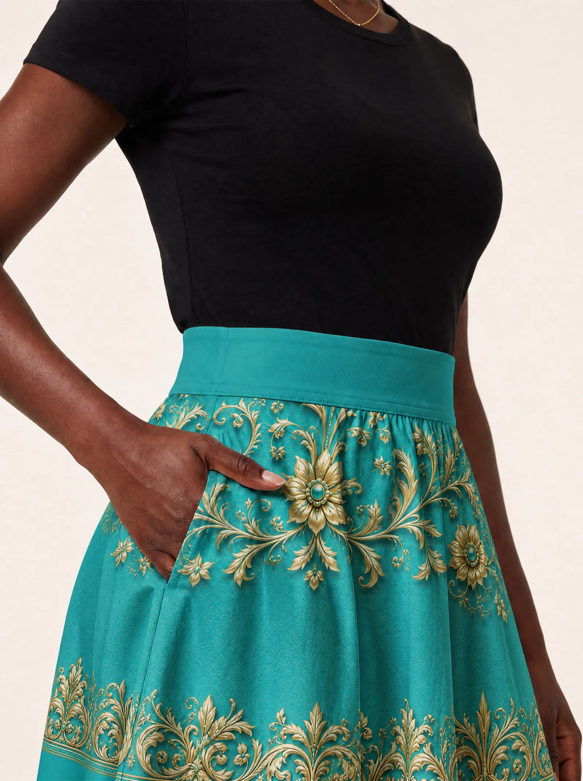 "Heshima" Twirl Skirt — waistband and pocket close-up