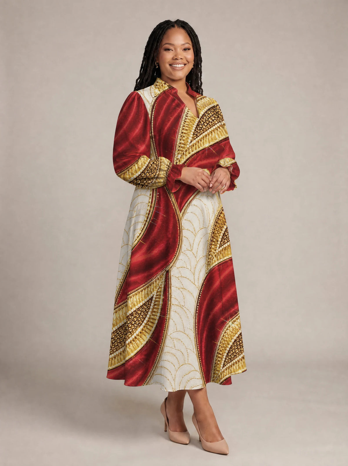 "Utukufu" Long Puff Sleeve Dress — walking, three-quarter view on model