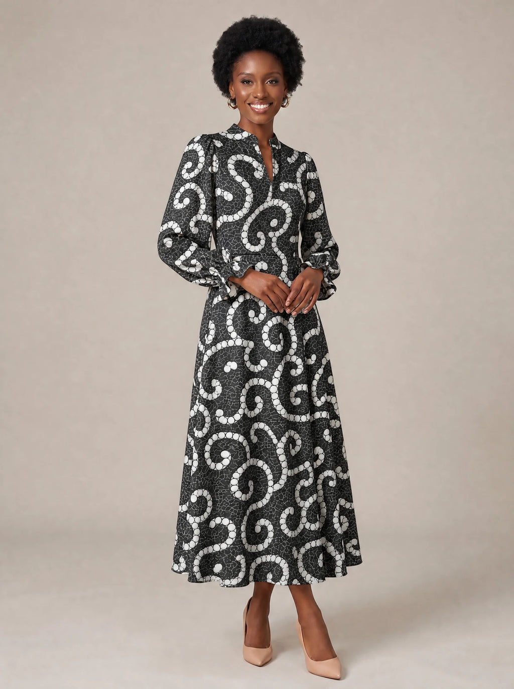 "Duara" Long Puff Sleeve Dress — walking, three-quarter view on model
