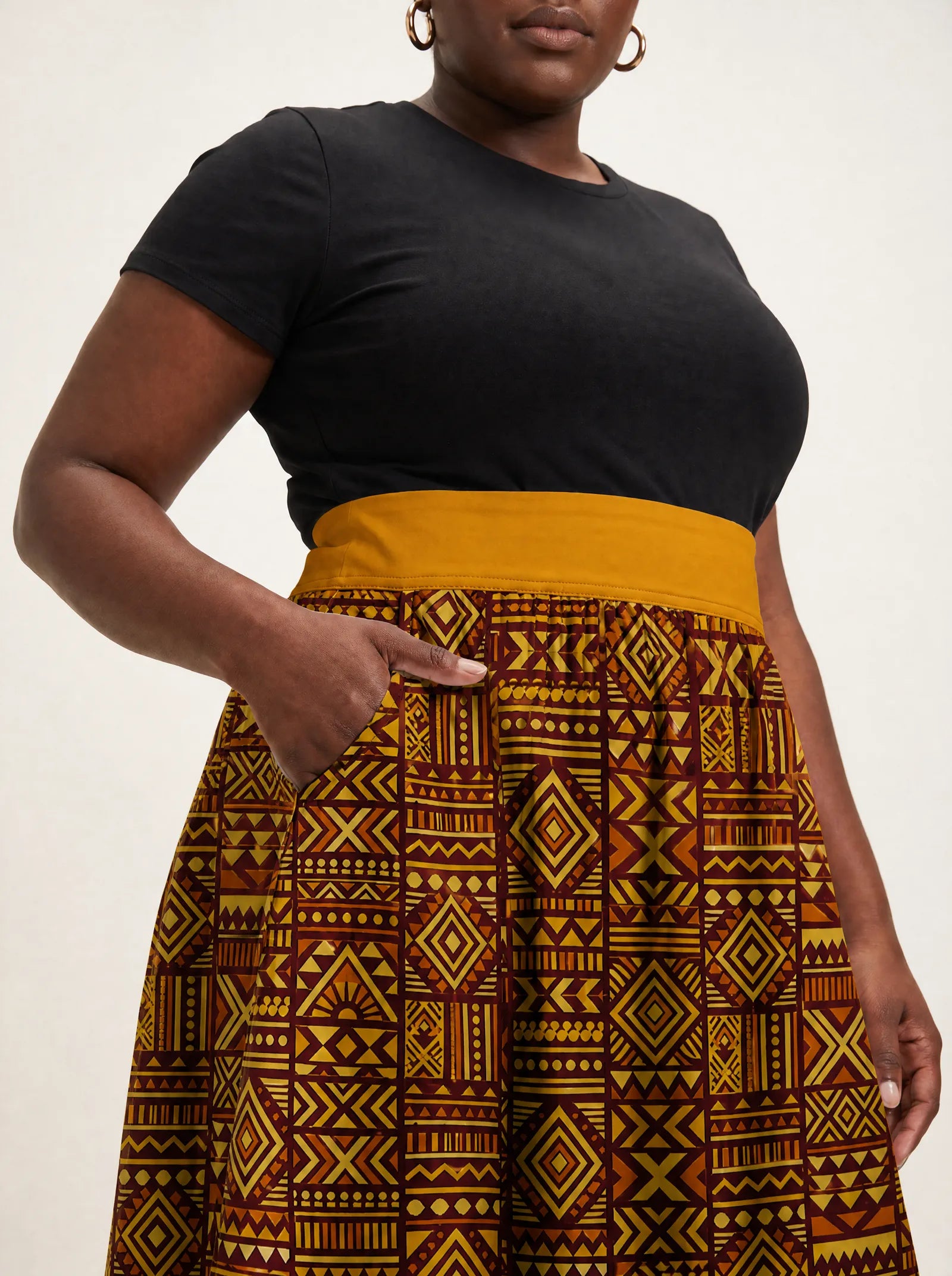 "Mudcloth" Twirl Skirt — close-up of the waistband and side pocket
