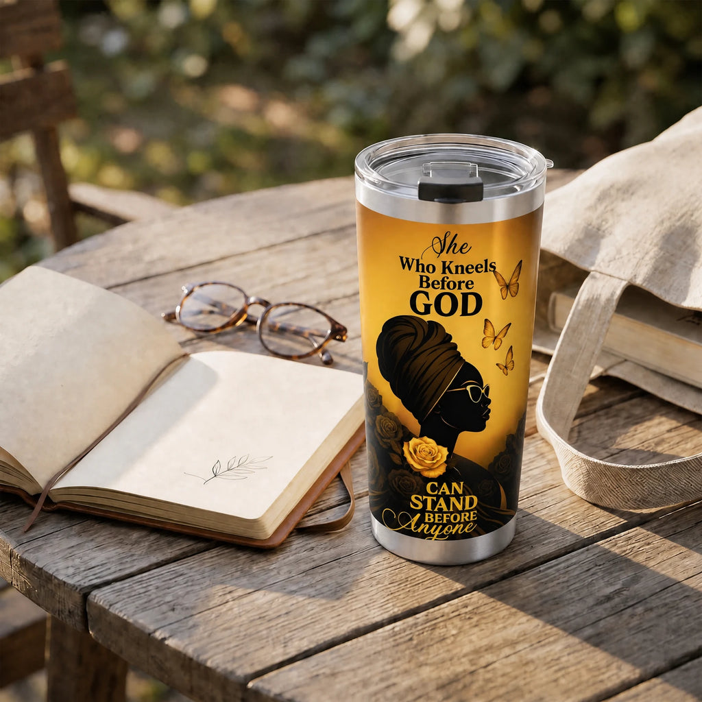 "Selah" Tumbler — on a garden table beside an open book