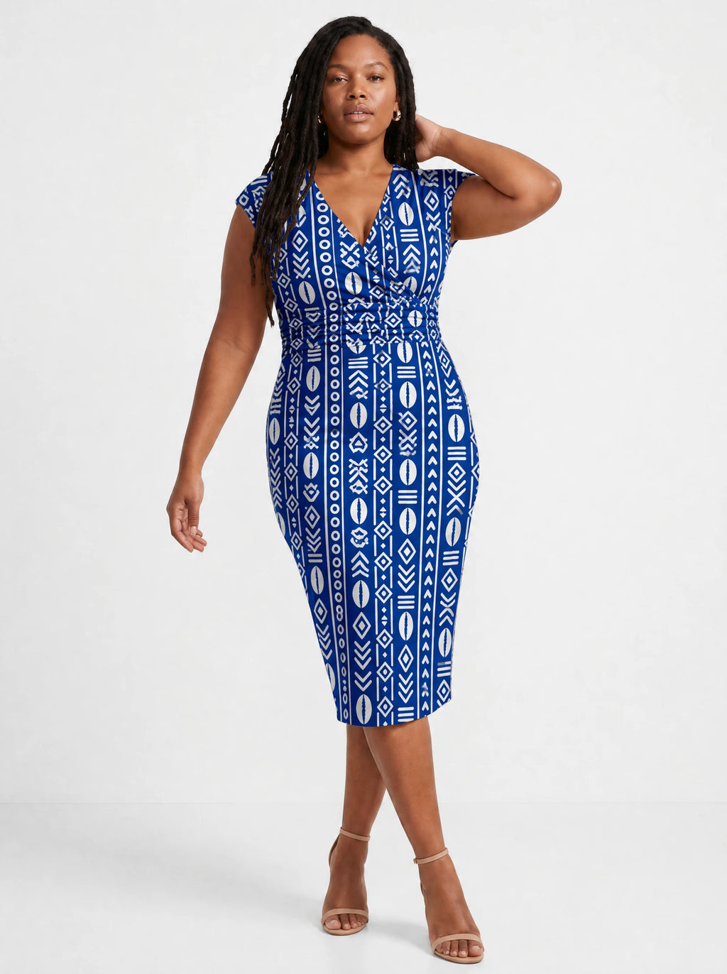 "Oshun Royal Blue" Cap Sleeve Midi Dress — three-quarter view on model