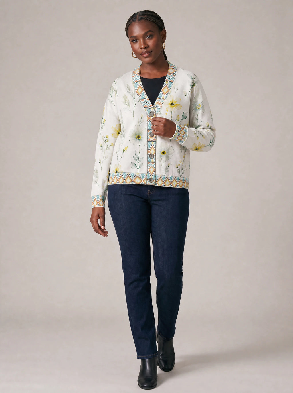"Alizeti" Cardigan — three-quarter view on model
