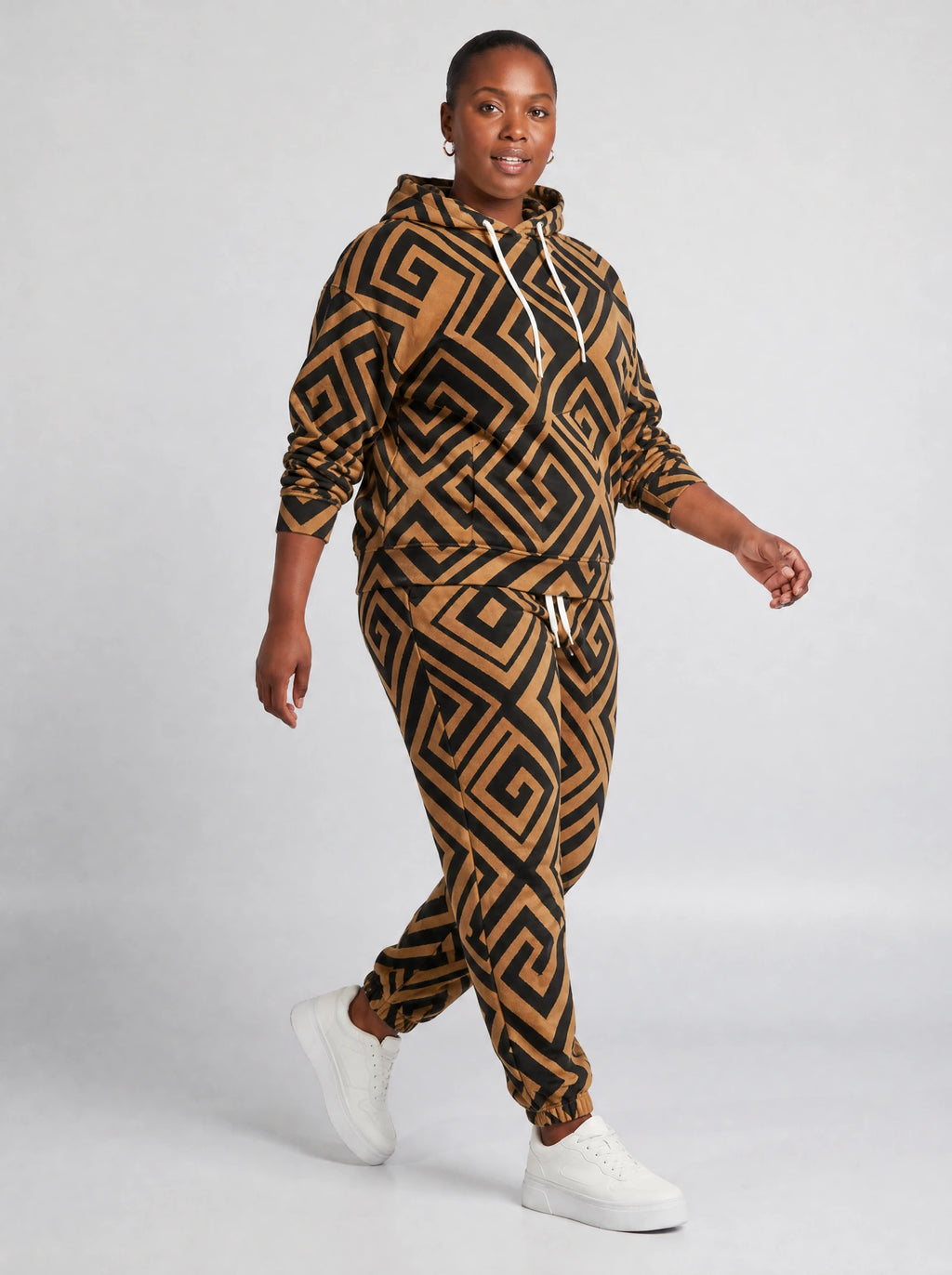 "Chapa" Camel Black Hoodie & Jogger Set — walking three-quarter view on model