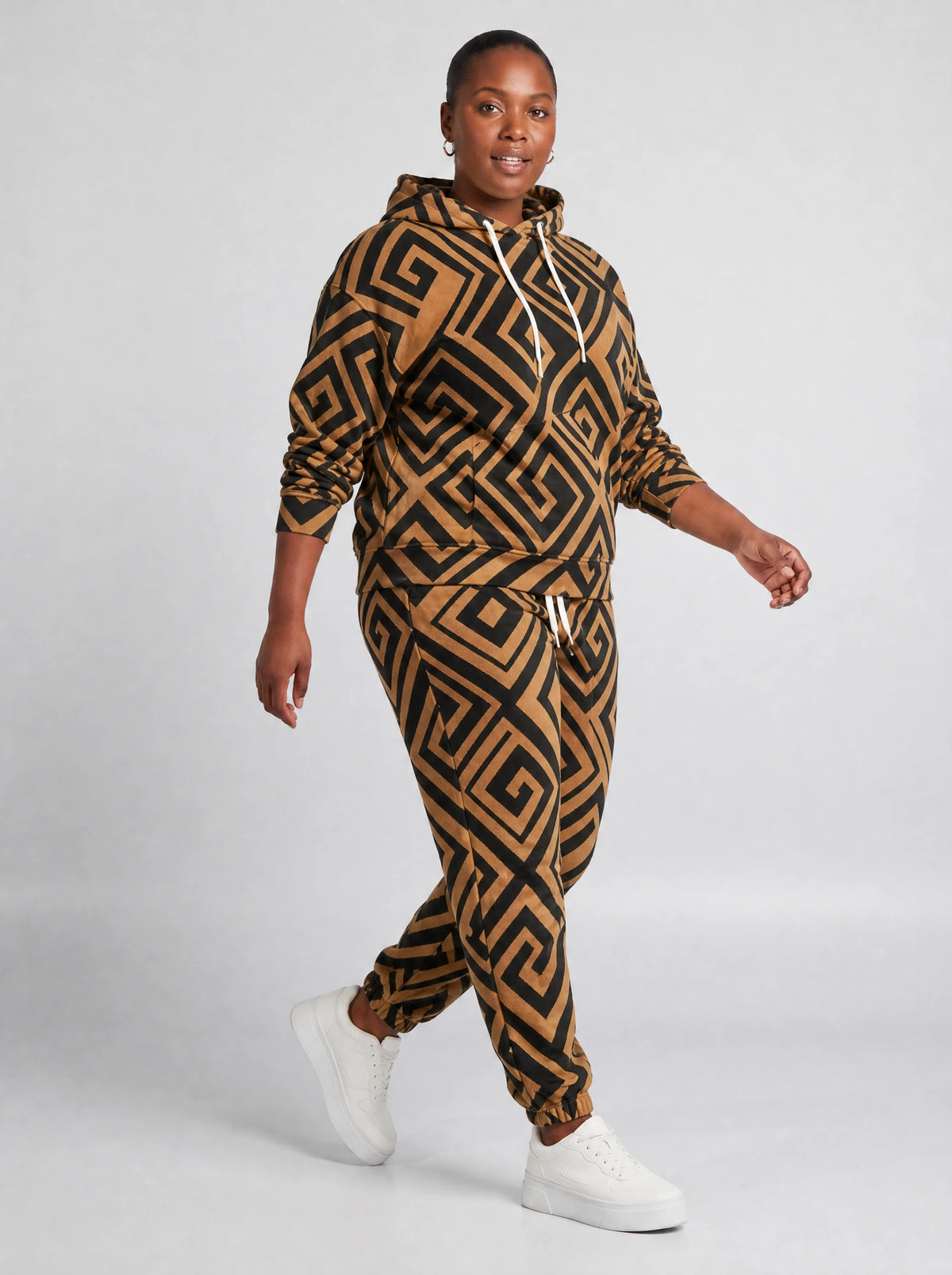 "Chapa" Camel Black Hoodie & Jogger Set — walking three-quarter view on model