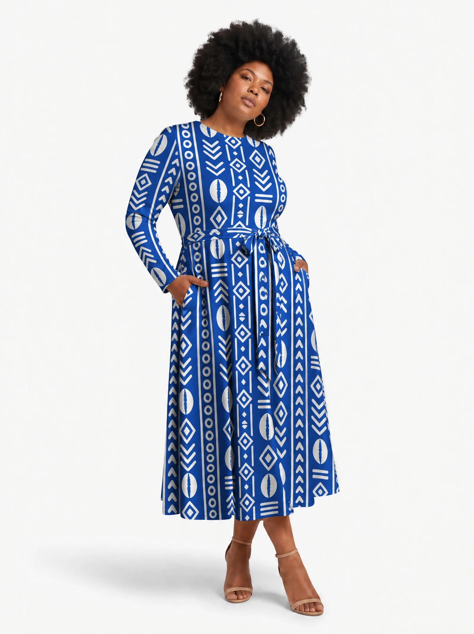 "Oshun" Viscose Midi Dress — three-quarter view on model, hand in the side pocket