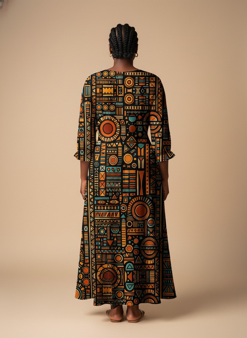 Afrocentric Pattern Long Sleeve Maxi Dress
