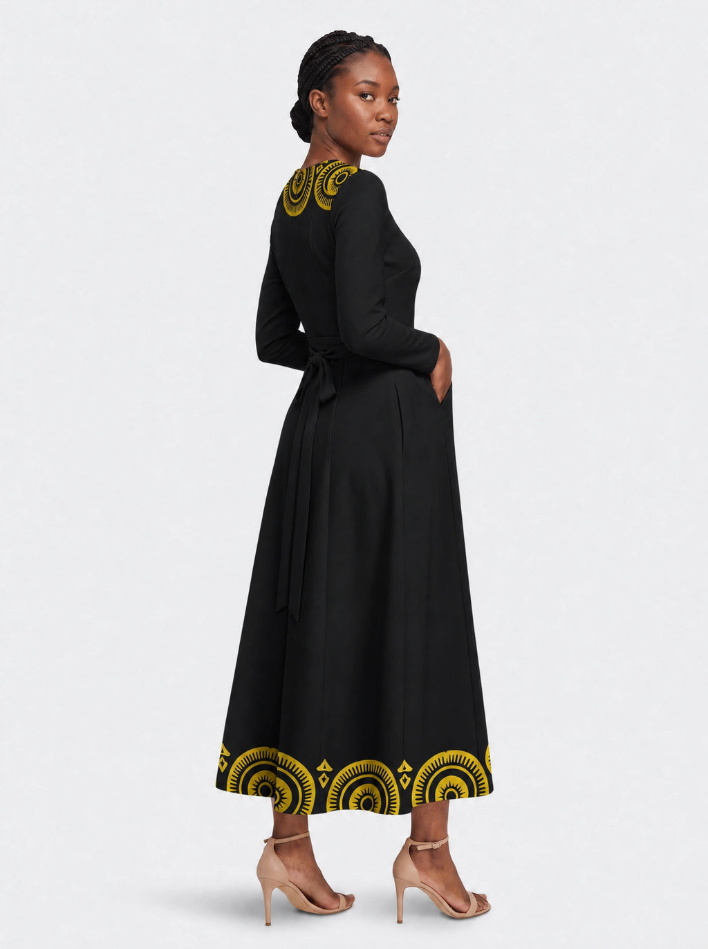 "Mamafo" Long Sleeve Midaxi Dress — walking, three-quarter view on model