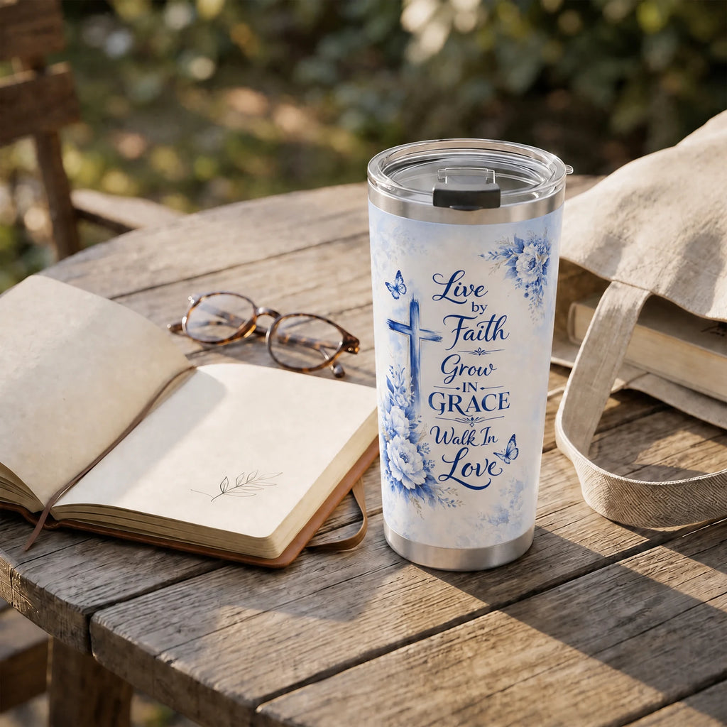 "Neema" Tumbler — on a garden table beside an open book