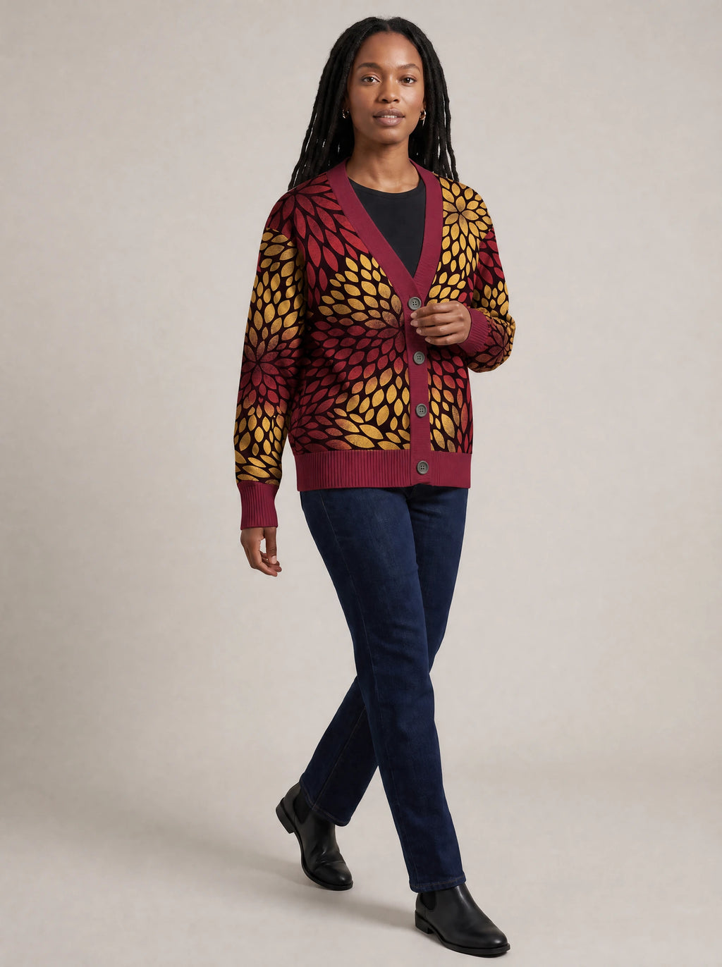 "Mavuno" Knitted Cardigan — three-quarter view on model