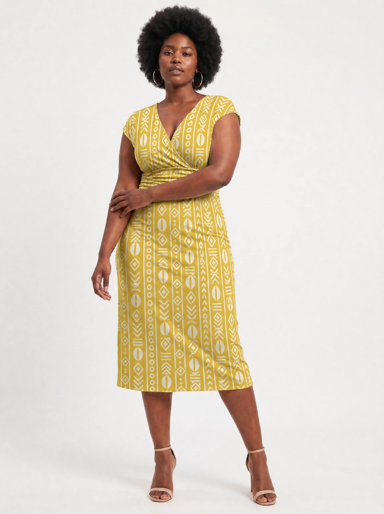 "Oshun Dhahabu" Cap Sleeve Midi Dress — three-quarter view on model