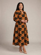 "Paka" Halloween Long Puff Sleeve Dress — walking, three-quarter view on model