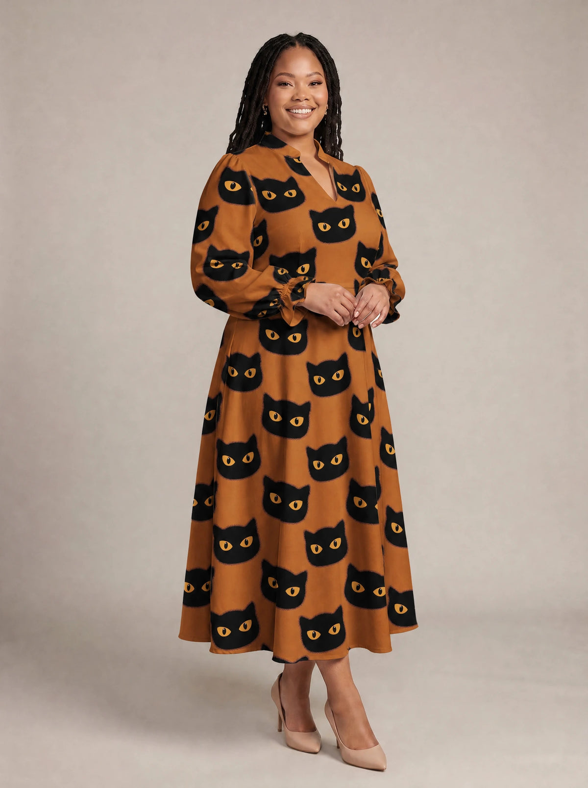 "Paka" Halloween Long Puff Sleeve Dress — walking, three-quarter view on model