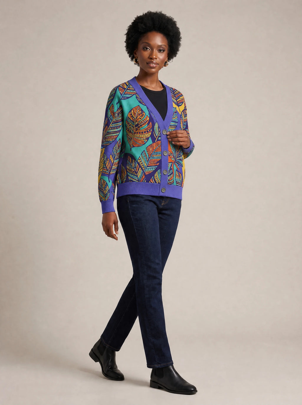"Majani" Cardigan — three-quarter view on model