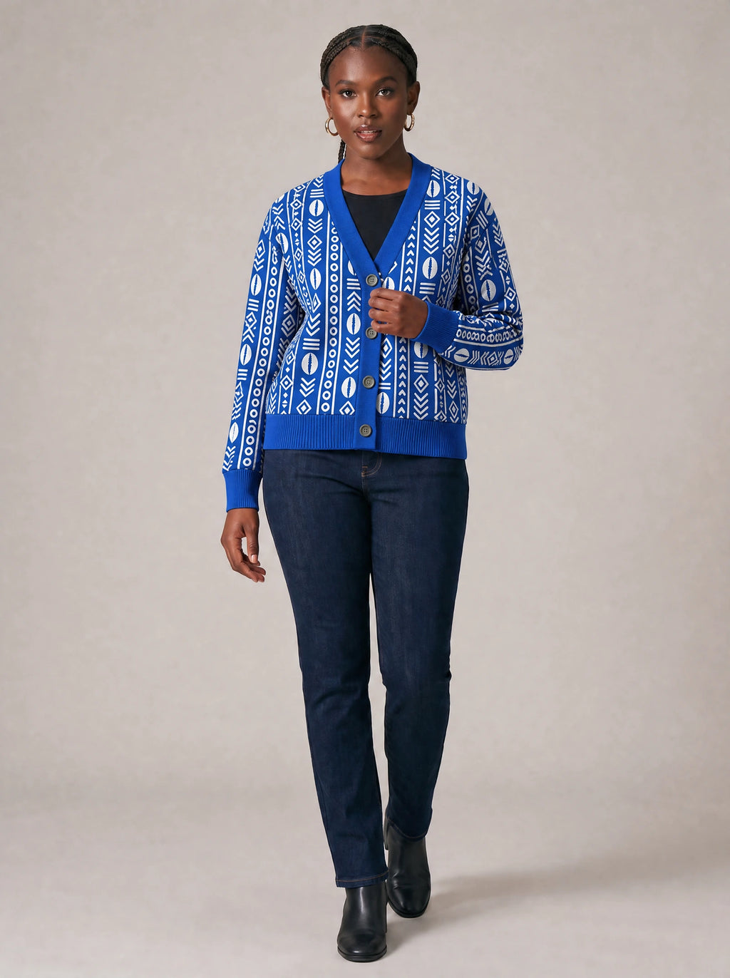 "Oshun Royal Blue" Cardigan — three-quarter view on model