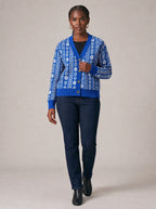 "Oshun Royal Blue" Cardigan — three-quarter view on model