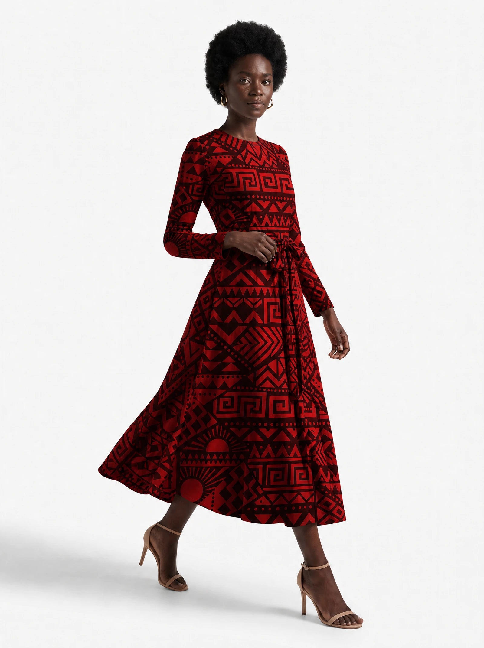 "Shaka" Viscose Midi Dress — three-quarter view on model, hand in the side pocket