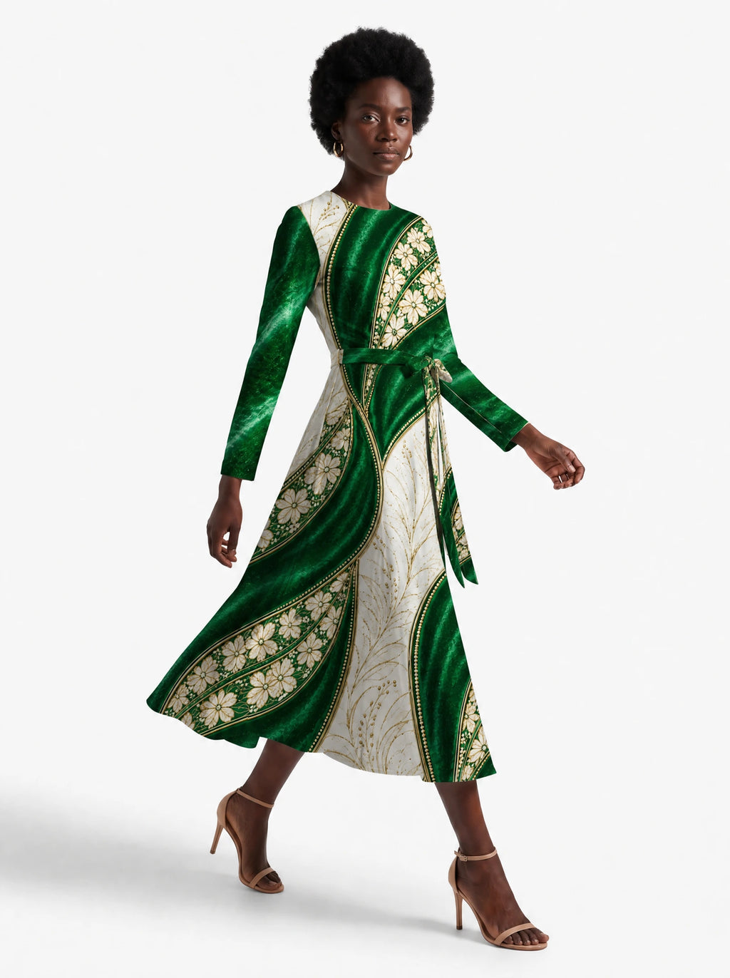 "Maile" Long Sleeve Midaxi Dress — walking, three-quarter view on model
