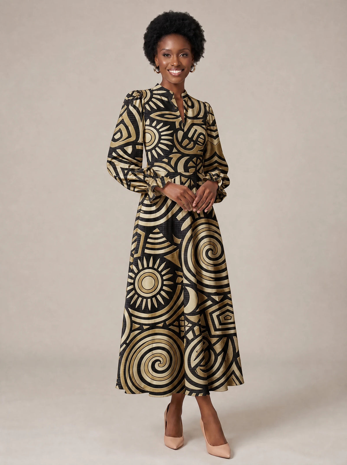 "Sahara" Long Puff Sleeve Dress — walking, three-quarter view on model