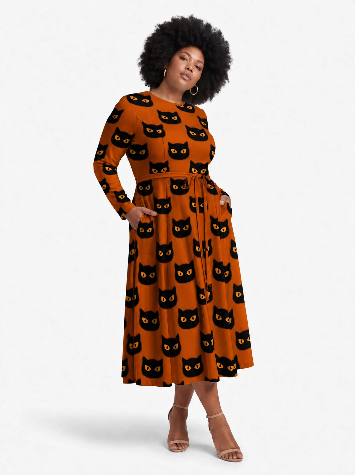 "Paka" Halloween Long Sleeve Midaxi Dress — walking, three-quarter view on model
