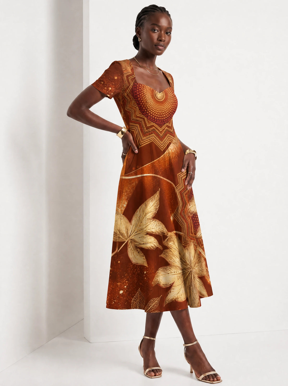 "Joto" Sweetheart Midi Dress — three-quarter view on model
