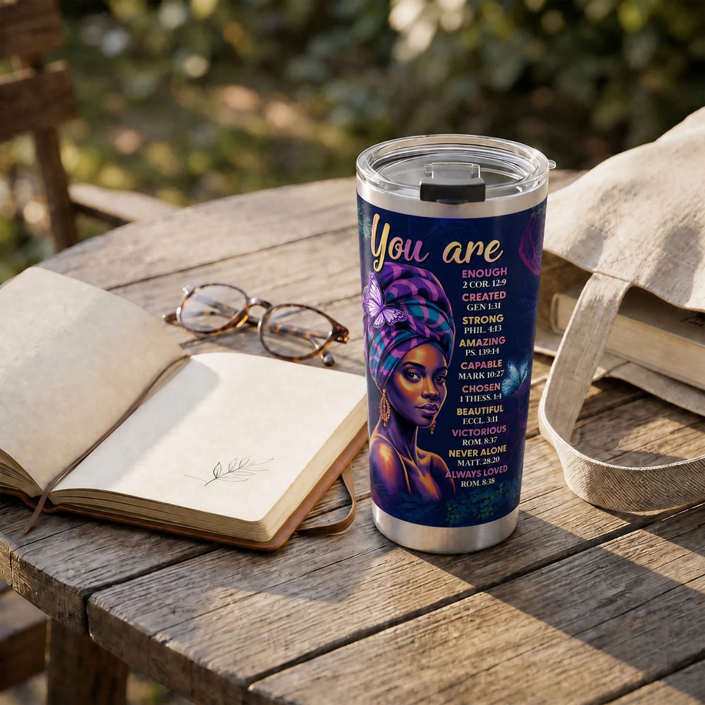 Blue Orchid Tumbler — on a garden table beside an open book