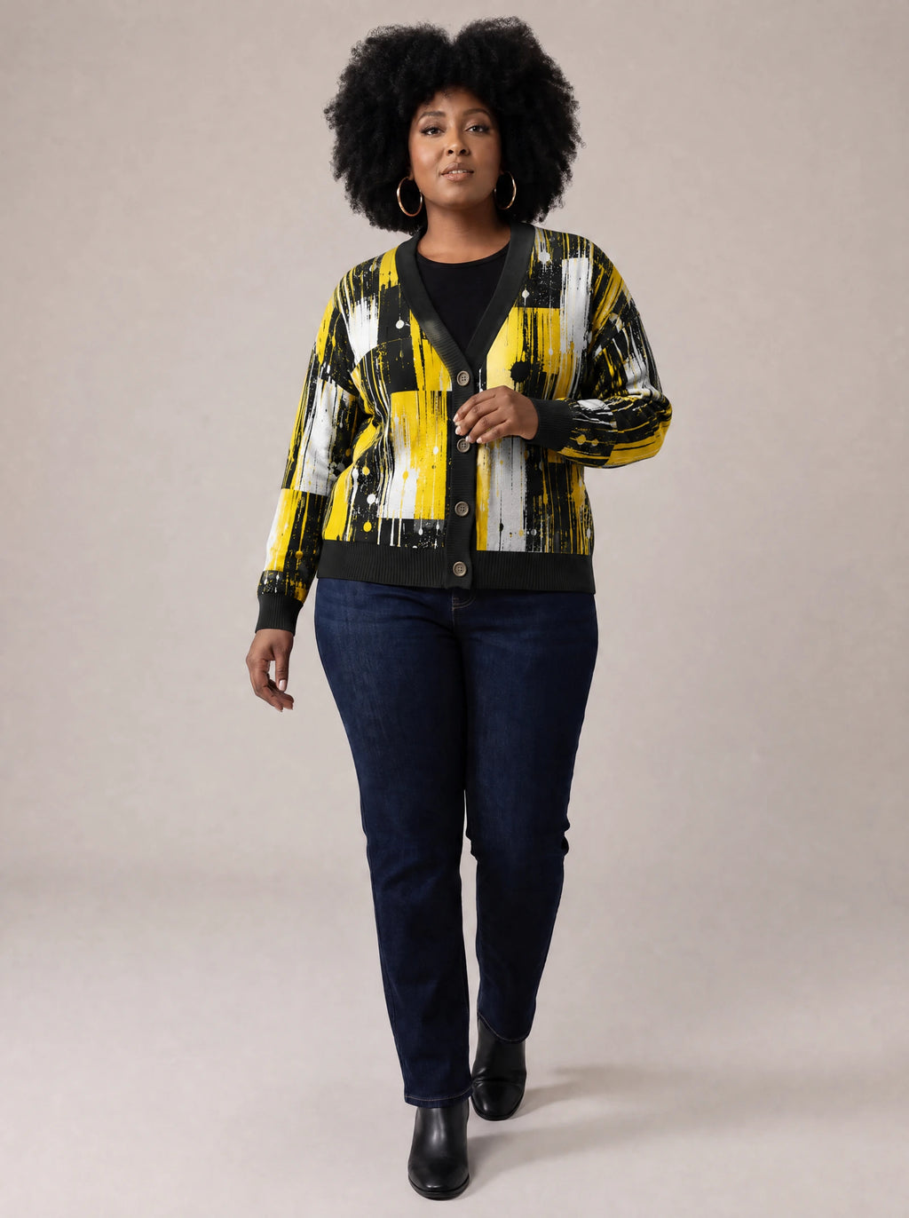 "Mvua" Cardigan — three-quarter view on model