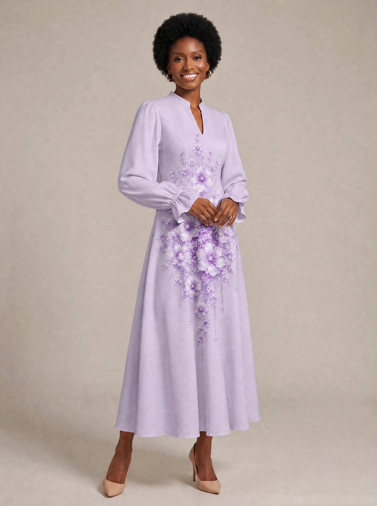 "Zambarau" Long Puff Sleeve Maxi Dress — walking, three-quarter view on model