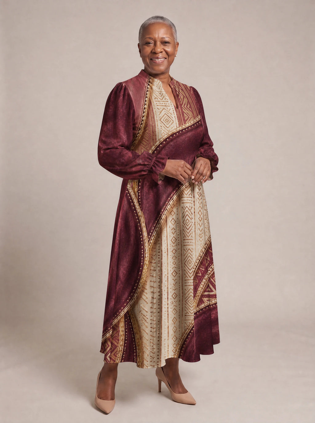 "Tapa" Long Puff Sleeve Dress — walking, three-quarter view on model