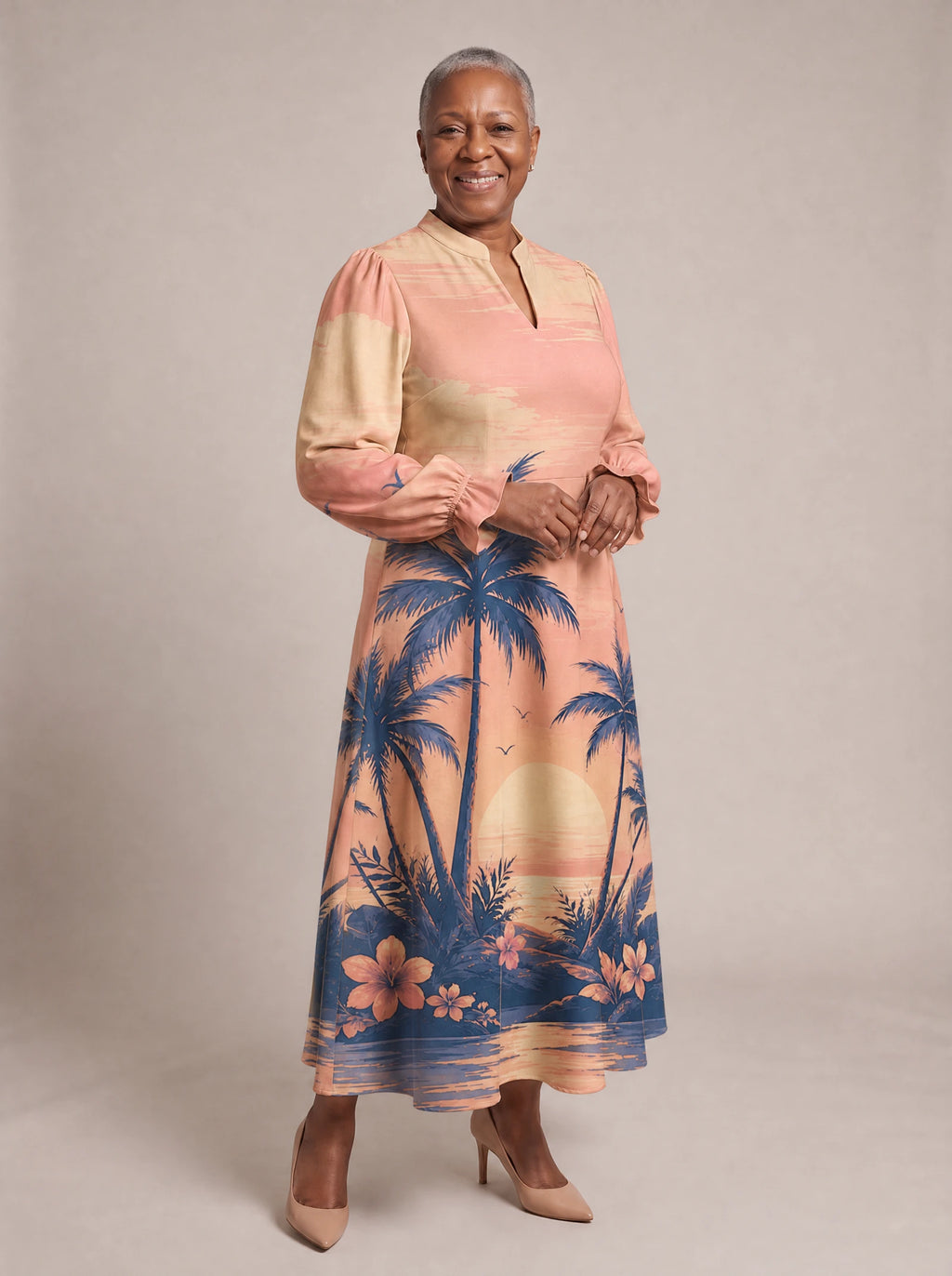 "Machweo" Long Puff Sleeve Dress — walking, three-quarter view on model
