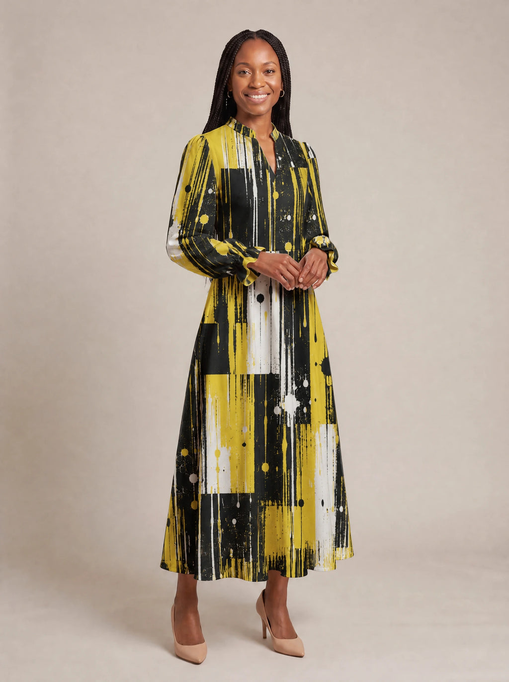 "Mvua" Long Puff Sleeve Dress — walking, three-quarter view on model
