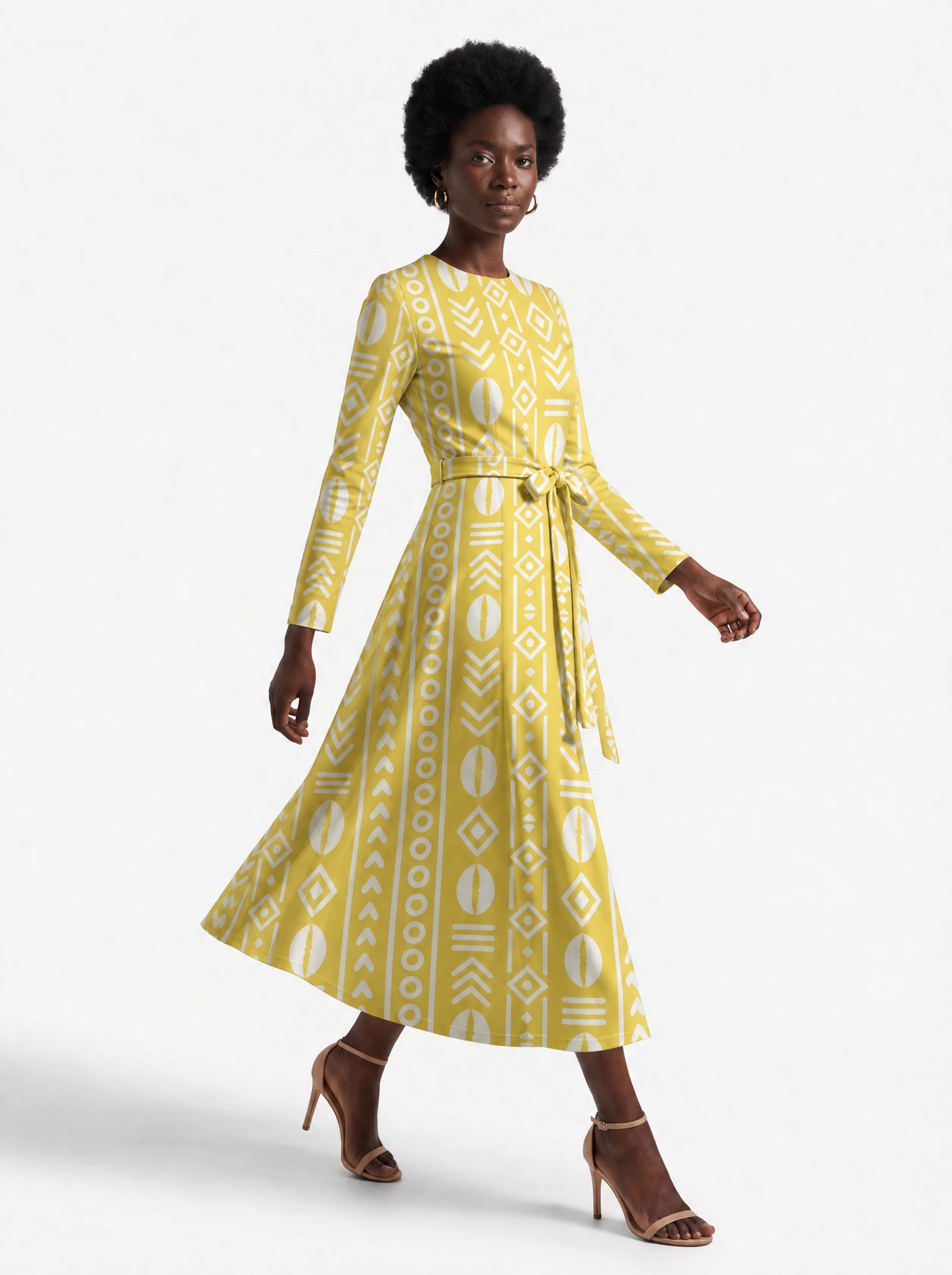 "Oshun Dhahabu" Viscose Midi Dress — three-quarter view on model, hand in the side pocket