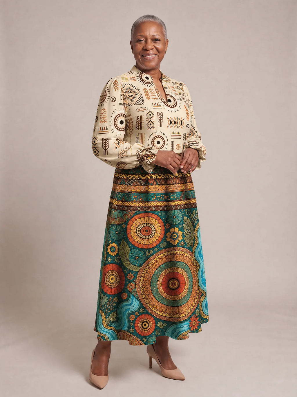 "Mto" Long Puff Sleeve Dress — walking, three-quarter view on model