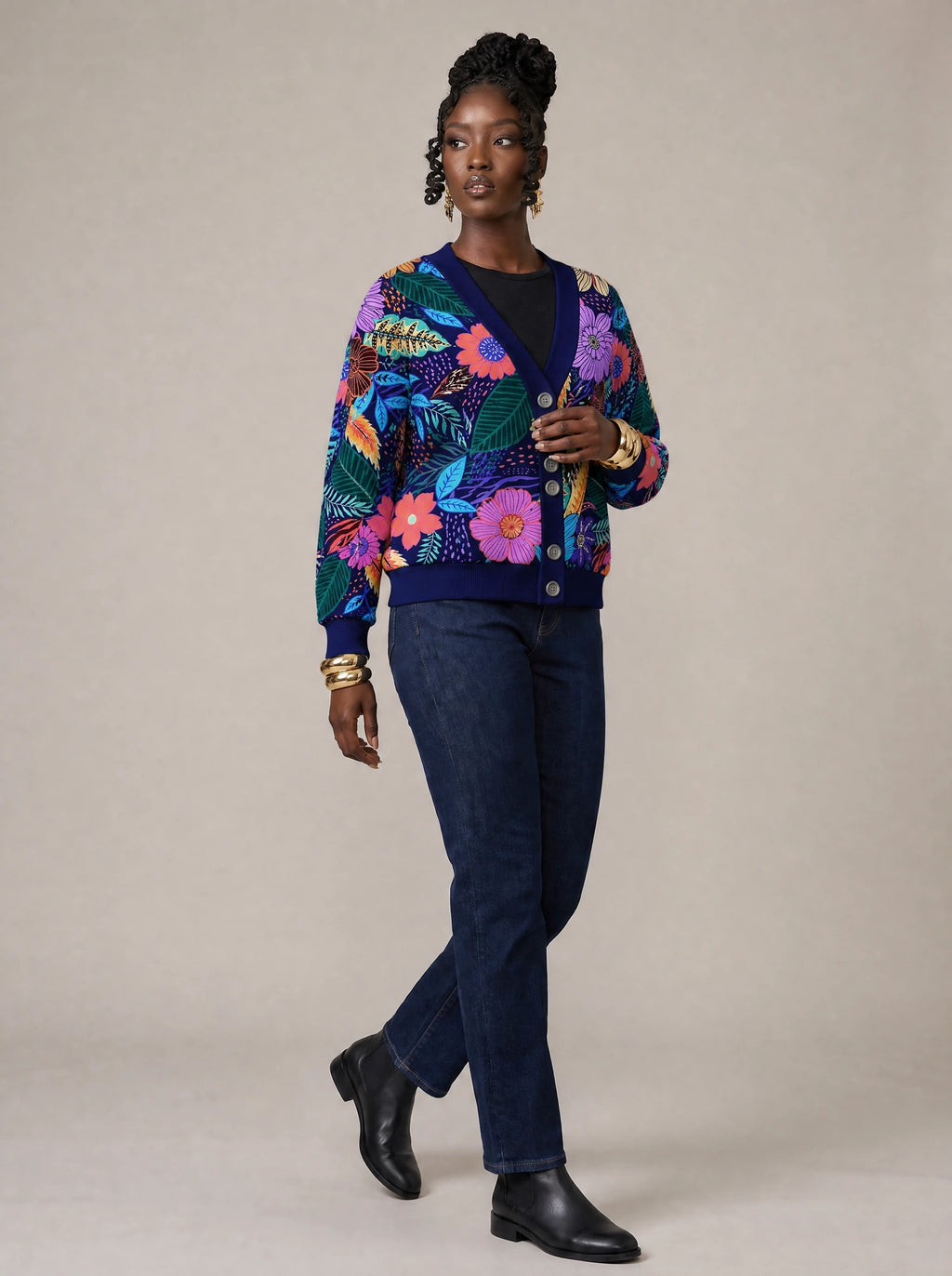"Bustani" Cardigan — three-quarter view on model