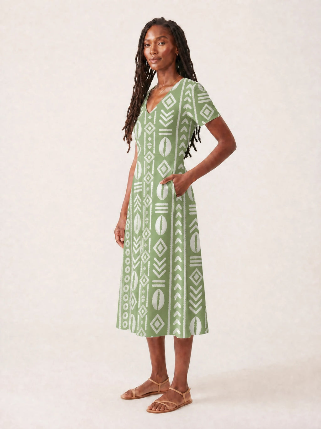 "Oshun Verde" V Neck Midi Dress Promo