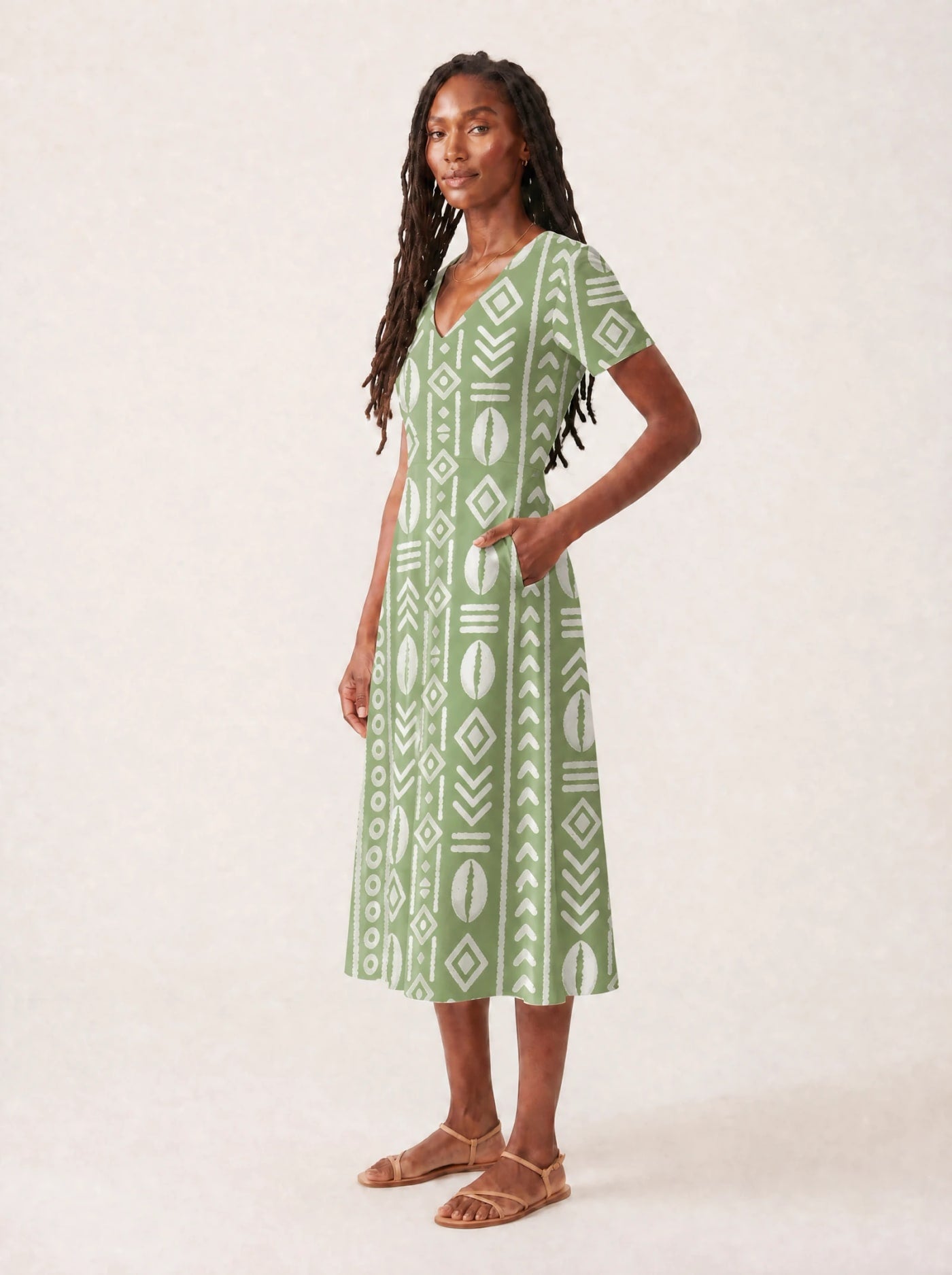 "Oshun Verde" V Neck Midi Dress Promo