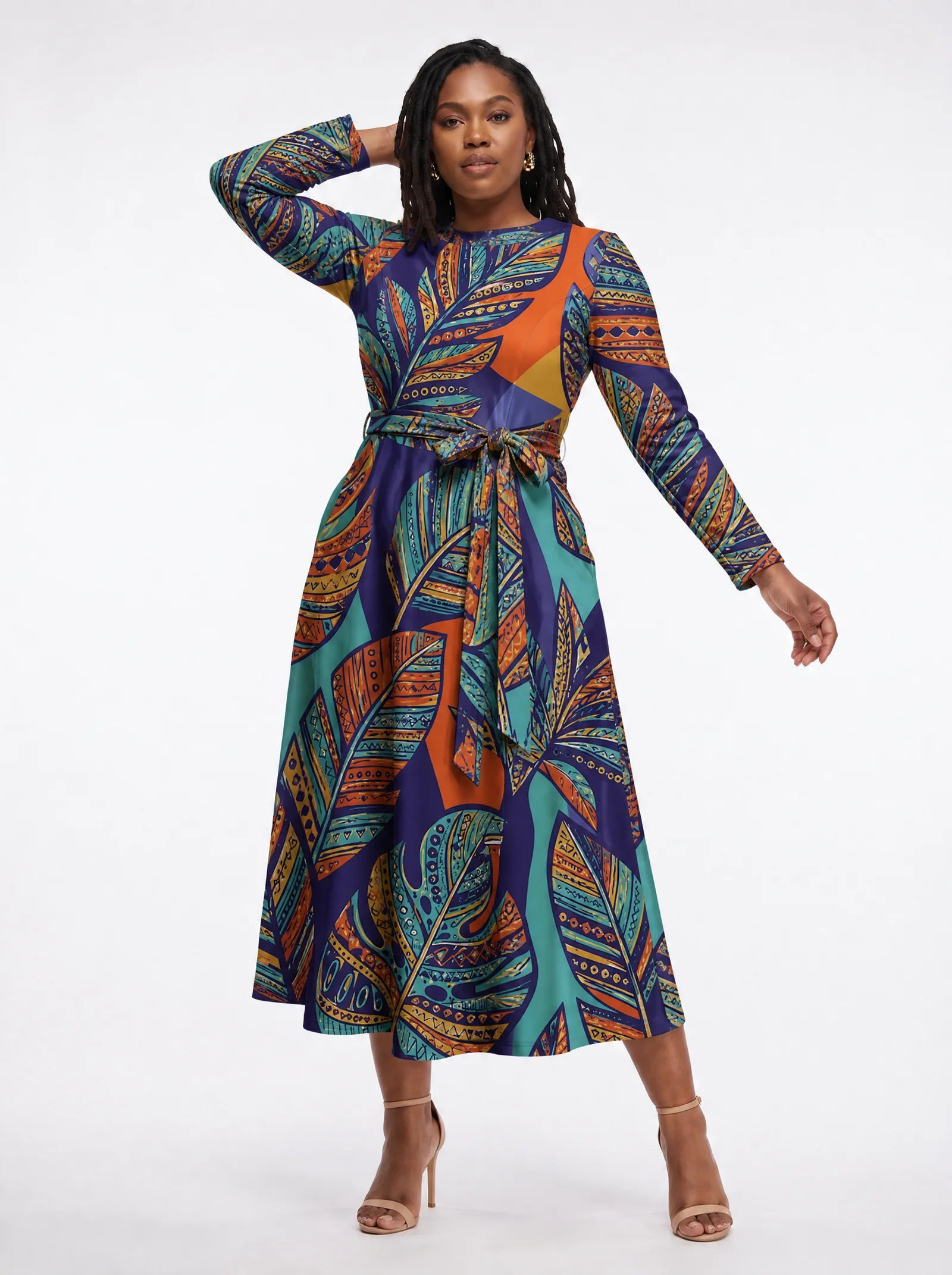 "Majani" Viscose Midi Dress — three-quarter view on model, hand in the side pocket