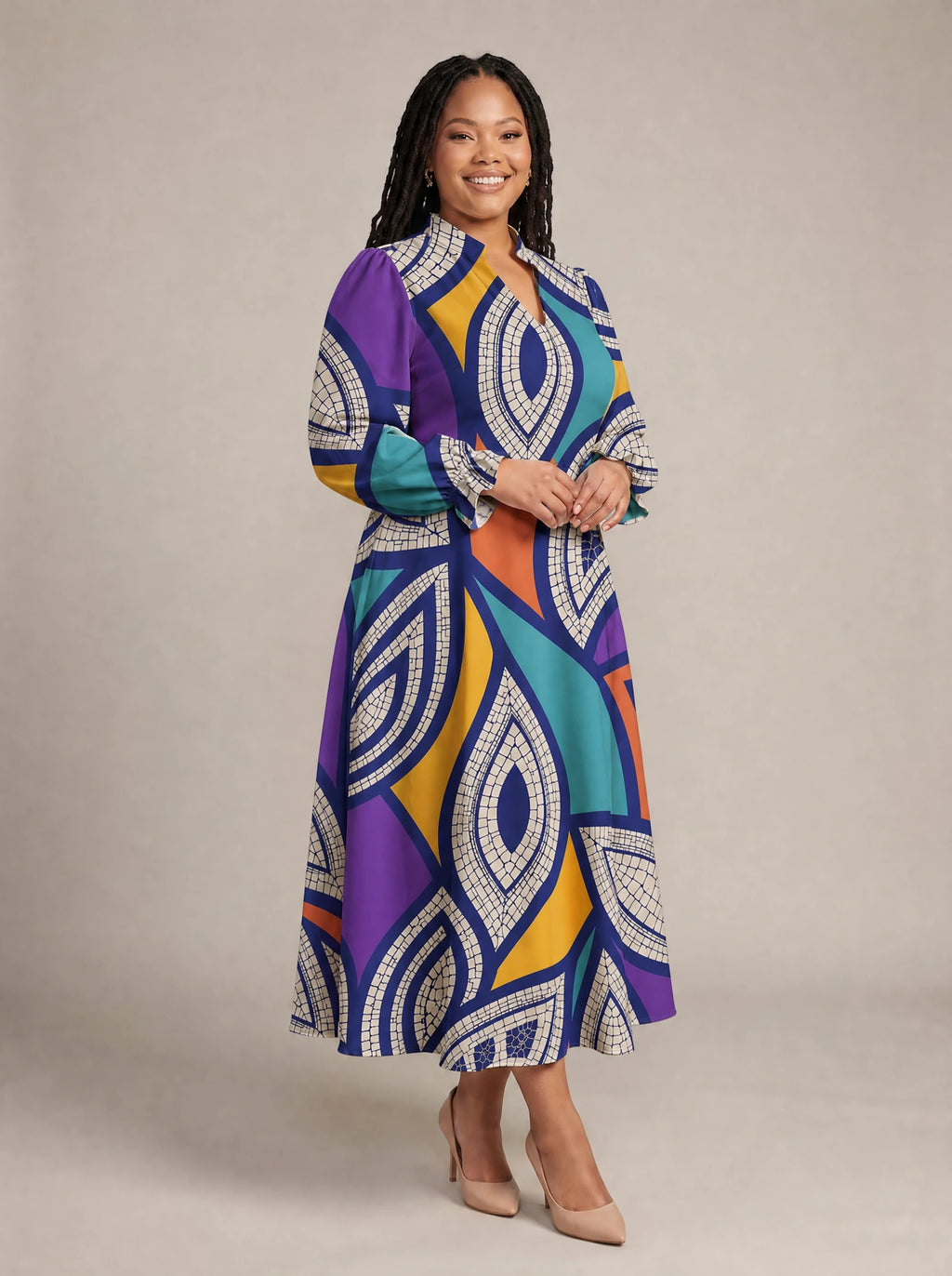 "Johari" Long Puff Sleeve Dress — walking, three-quarter view on model