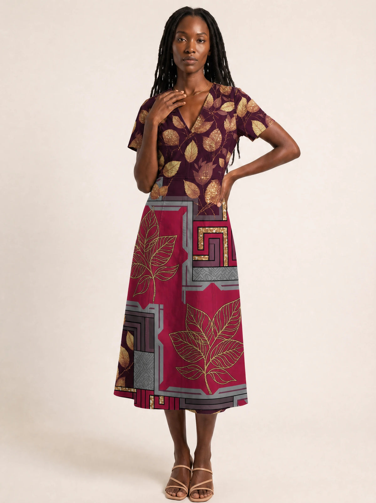 "Vuli" V Neck Midi Dress — front