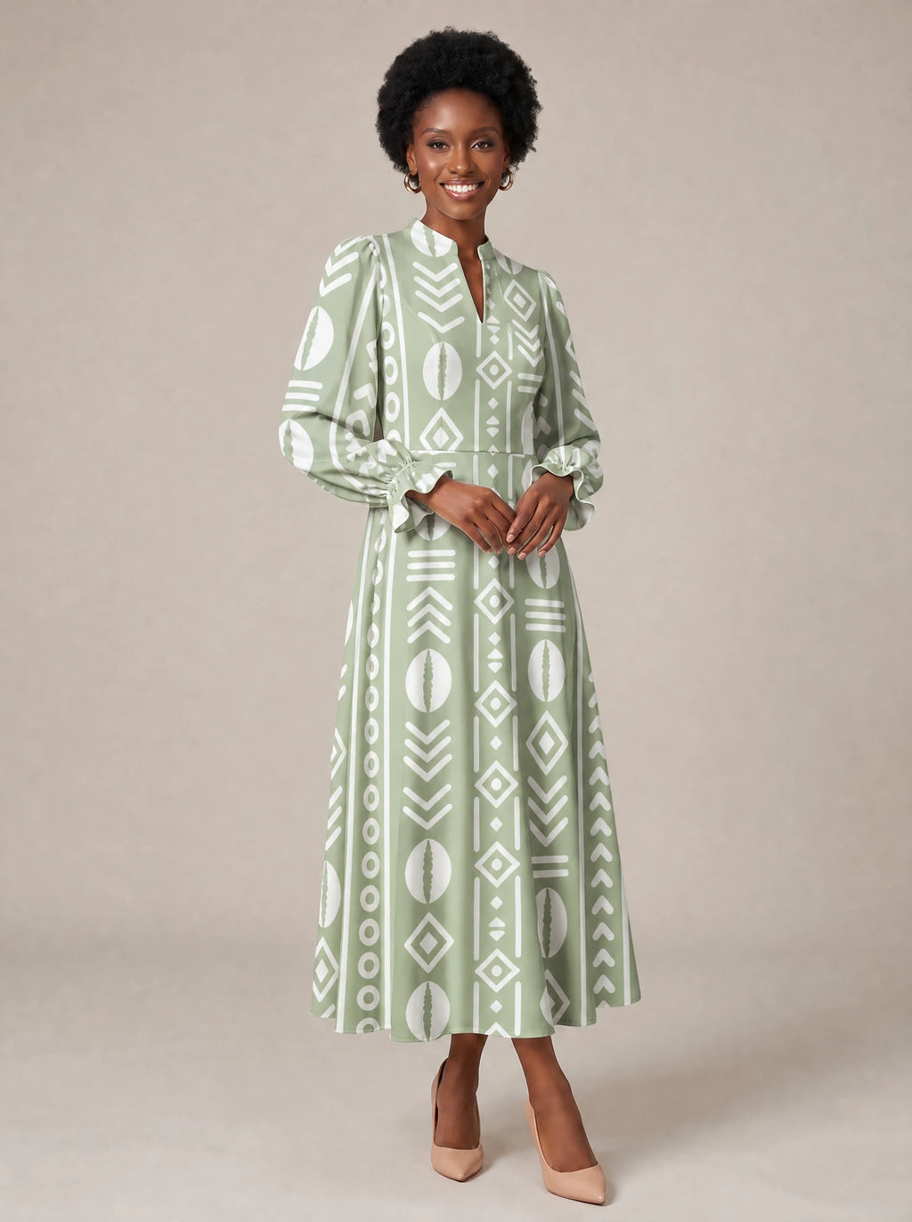 "Oshun Verde" Long Puff Sleeve Dress — walking, three-quarter view on model