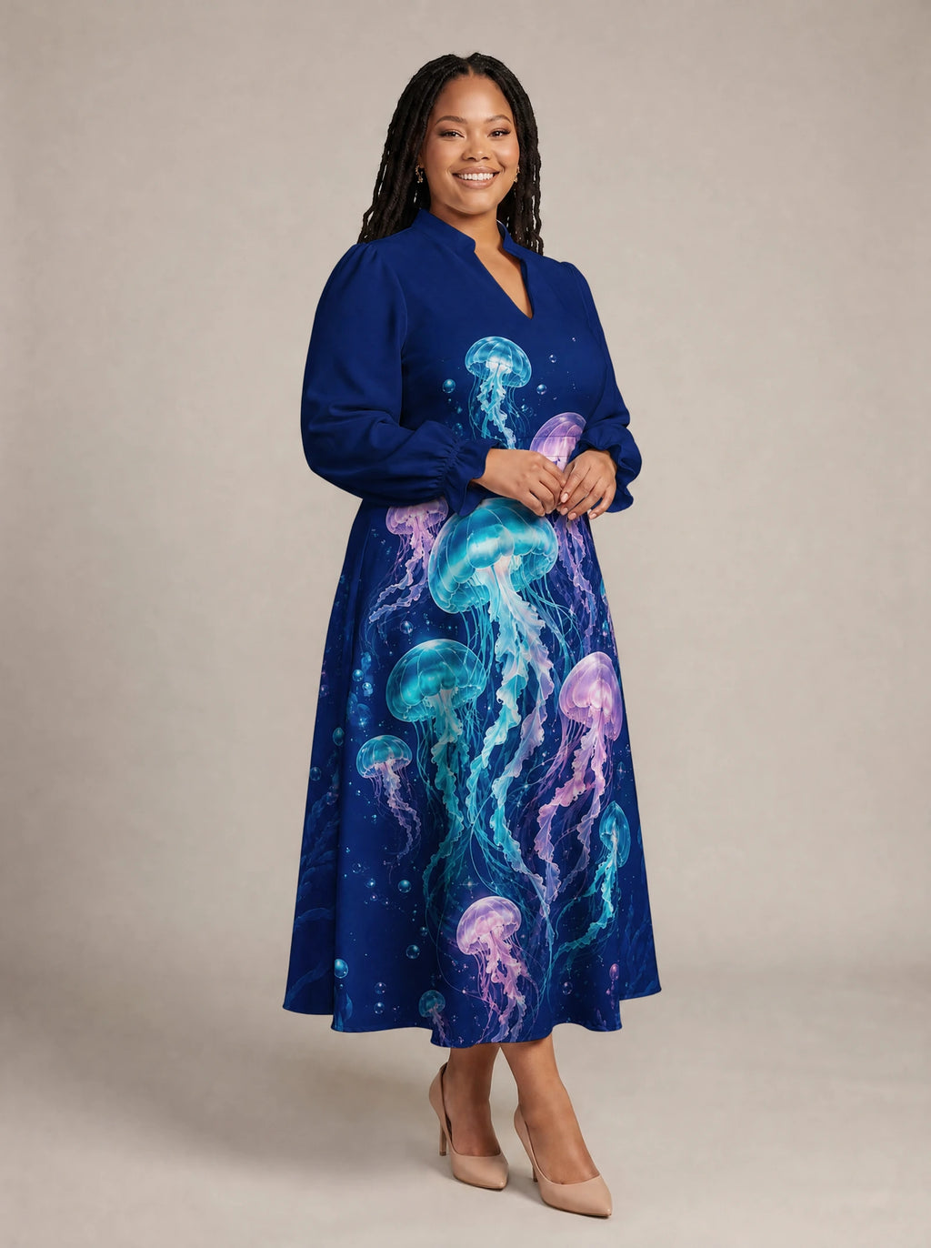 "Bahari" Long Puff Sleeve Dress — walking, three-quarter view on model